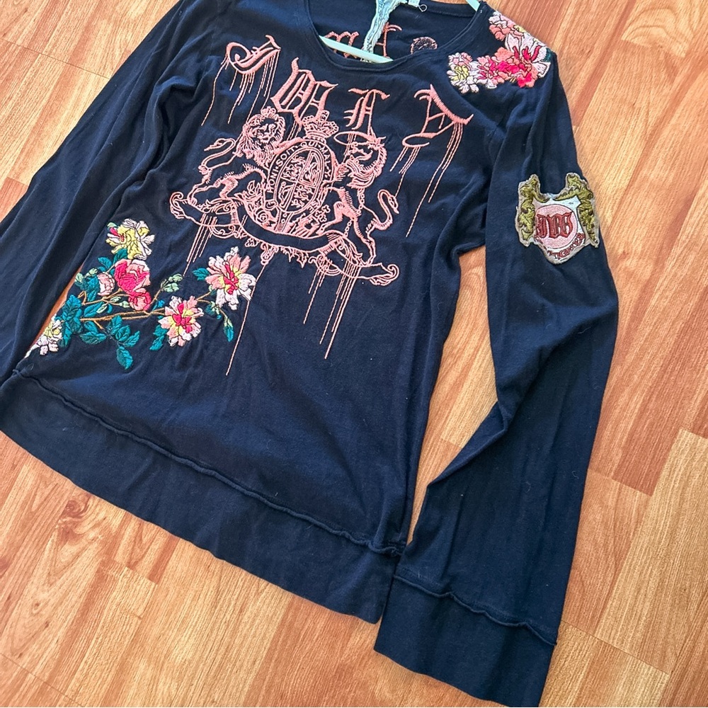 Johnny Was LA Black Long Sleeve Embroidered Shirt Top Floral Logo Amour Heart M - Picture 5 of 14